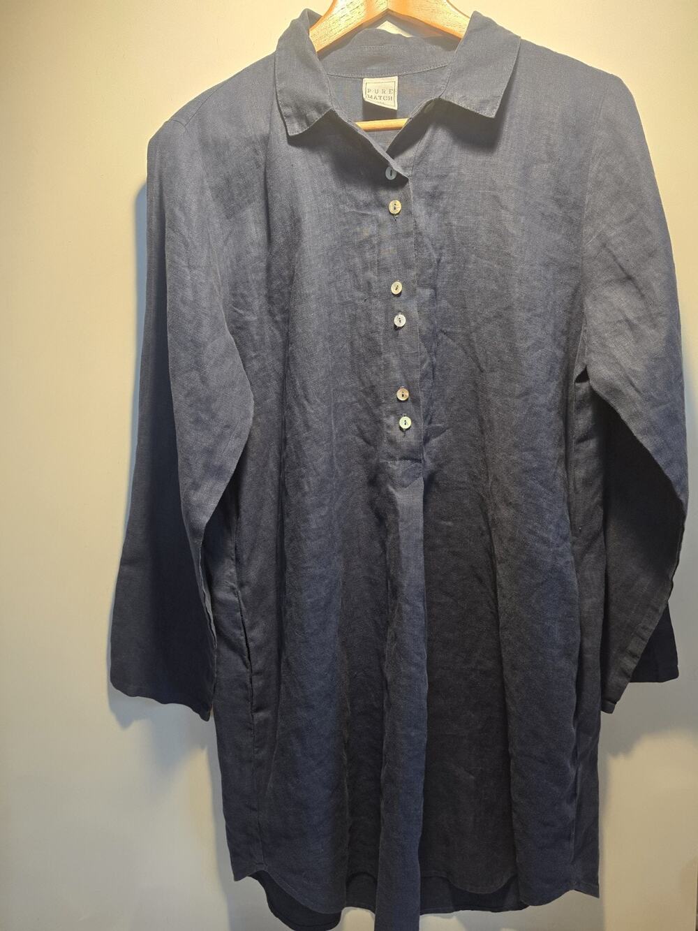 Pure Match Shirt Women Blue Linen Long Sleeve Tunic Blouse Large Lagenlook dress